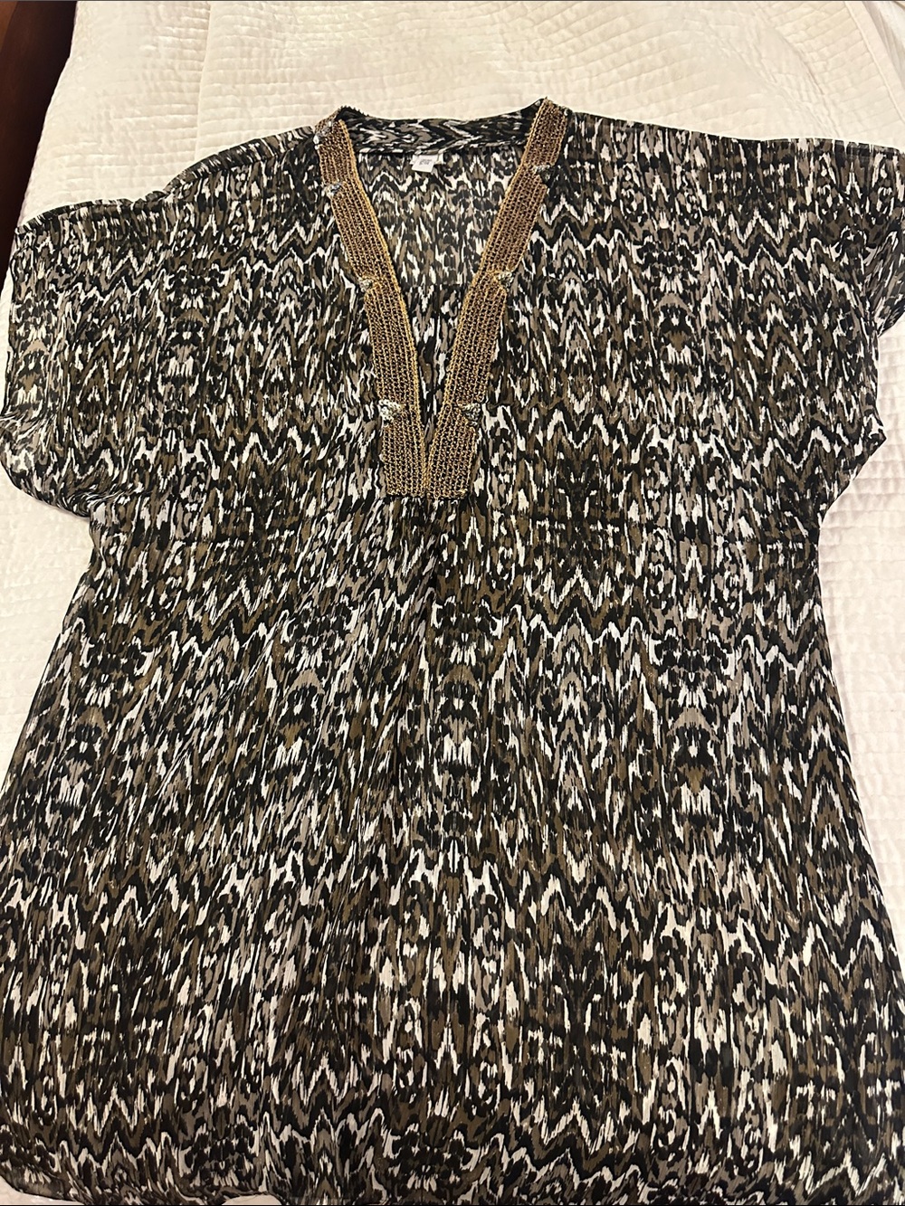 Badgley Mischka Black, White & Brown Patterned Swim Coverup with Metallic Trim
